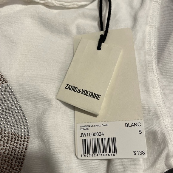 Zadig & Voltaire White Long Sleeve Embellished Skull Henley Sz S NWT - Picture 3 of 9